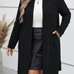 GIBSIE Plus Size Autumn New Women's Crew Neck Long Coat Black Long Sleeve Open Front Office Female Casual Jackets with Pockets - Image 1