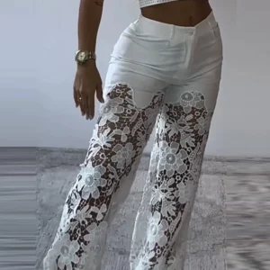 Urban Euphoria Lace Patchwork Women Pants Hollow Out Zippers Pocket Button Female Jeans 2025 Summer Street Wide Leg Lady Outwear - Image 3