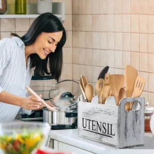 New Kitchen with Compartmentalized Cutlery Storage Rack, Rustic Style Wooden Countertop Organizer, Kitchenware Accessories - Image 1