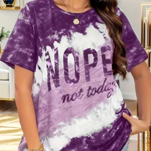 Plus Size Letter Print Top Colorblock Crew Neck Short Sleeve, O Neck, Leisure Time Ladies Tshirt Tops, Summer, 2024 - Image 4