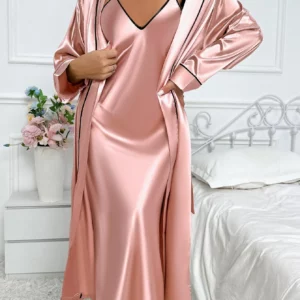 Women's Luxury Silk Pajamas Set Long Sleeve Robe Comfortable Loose Slip Skirt Women's Pajamas Two Piece Set - Image 4