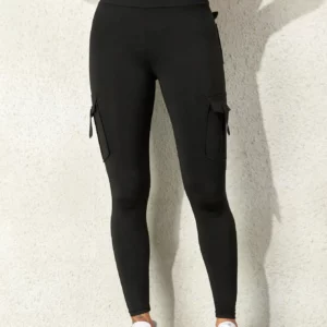 Sexy Fashion Slim Fit Solid Wide Waistband Running Exercise Yoga Stretch Pockets Tinker Cargo Leggings - Image 1