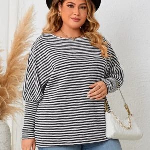 GIBSIE Plus Size Women's Striped Casual T-Shirts 2023 Fall Fashion Full Raglan Sleeve Female Loose O-Neck Tops Tee Woman New - Image 3