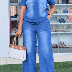 Plus Size Vacation Blue Casual Round Neck Short Sleeve Pocket Tencel Denim Two Piece Pant Sets - Image 3