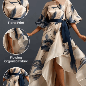 Plus Size Formal Beige Floral Round Neck Half Sleeve See Through Organza Maxi Dresses - Image 3