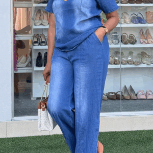 Plus Size Vacation Blue Casual Round Neck Short Sleeve Pocket Tencel Denim Two Piece Pant Sets - Image 2