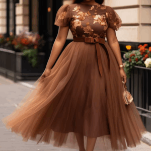 Plus Size Wedding Guest Brown Graphic Round Neck Puff Sleeve Short Sleeve Bow Tie Tulle Maxi Dresses - Image 4