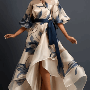 Plus Size Formal Beige Floral Round Neck Half Sleeve See Through Organza Maxi Dresses - Image 6