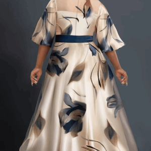 Plus Size Formal Beige Floral Round Neck Half Sleeve See Through Organza Maxi Dresses - Image 4