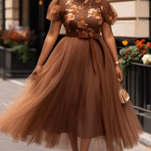 Plus Size Wedding Guest Brown Graphic Round Neck Puff Sleeve Short Sleeve Bow Tie Tulle Maxi Dresses - Image 5