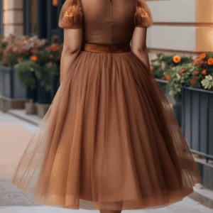 Plus Size Wedding Guest Brown Graphic Round Neck Puff Sleeve Short Sleeve Bow Tie Tulle Maxi Dresses - Image 3