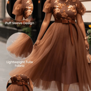 Plus Size Wedding Guest Brown Graphic Round Neck Puff Sleeve Short Sleeve Bow Tie Tulle Maxi Dresses - Image 2