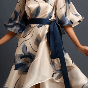 Plus Size Formal Beige Floral Round Neck Half Sleeve See Through Organza Maxi Dresses - Image 5