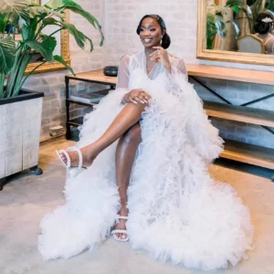 Customized White Bridal Dresses for Photoshoot Puffy Tulle Women Robe Long Sleeve Maxi Gown Wedding Bride Sleepwear Nightwear - Image 1