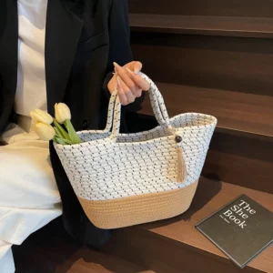 Quality Summer Beach Tote Bags For Women Cotton Rope Woven Contrast Color Large Capacity Shopper Shoulder Totes With Tassels - Image 3