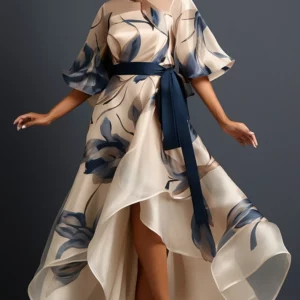Plus Size Formal Beige Floral Round Neck Half Sleeve See Through Organza Maxi Dresses - Image 1