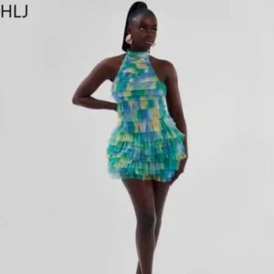HLJ Sexy Mesh Ruched Patchwork Bodycon Dresses Women Cake Gradient Halter Backless Dress Female Streetwear Vestidos Summer New - Image 4