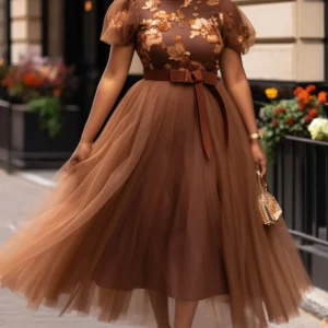Plus Size Wedding Guest Brown Graphic Round Neck Puff Sleeve Short Sleeve Bow Tie Tulle Maxi Dresses - Image 1