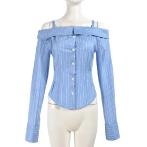 Shirt Women Blouses Striped Off Shoulder Streetwear Y2k Slim Fit Sexy Tops Single Breasted Casual Shirts High Waist 2025 Summer - Image 5