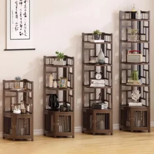 Modern Oriental Solid Wood Shelving Tiered Storage Cabinet with Doors Curved Corner Bookshelf Unit Living Room Storage Organizer - Image 2