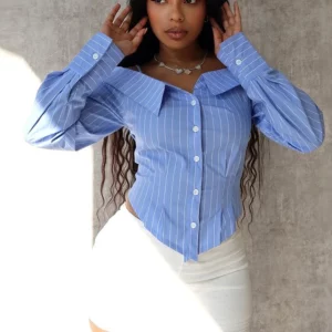 Shirt Women Blouses Striped Off Shoulder Streetwear Y2k Slim Fit Sexy Tops Single Breasted Casual Shirts High Waist 2025 Summer - Image 4