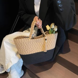 Quality Summer Beach Tote Bags For Women Cotton Rope Woven Contrast Color Large Capacity Shopper Shoulder Totes With Tassels - Image 6