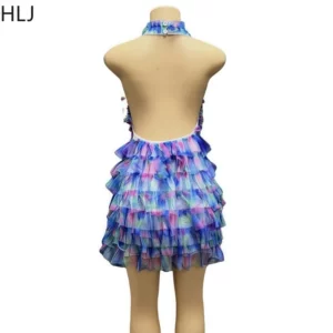 HLJ Sexy Mesh Ruched Patchwork Bodycon Dresses Women Cake Gradient Halter Backless Dress Female Streetwear Vestidos Summer New - Image 6