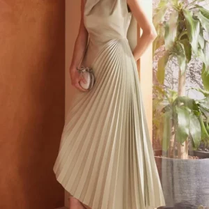 Freeacy Women's Solid Color Sleeveless High Neck Party Dress High Waist Pleated Floor Length Graceful Evening Dresses - Image 4