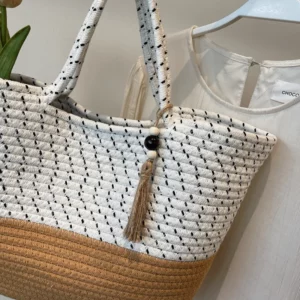 Quality Summer Beach Tote Bags For Women Cotton Rope Woven Contrast Color Large Capacity Shopper Shoulder Totes With Tassels - Image 2