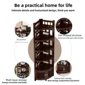 Modern Oriental Solid Wood Shelving Tiered Storage Cabinet with Doors Curved Corner Bookshelf Unit Living Room Storage Organizer - Image 6