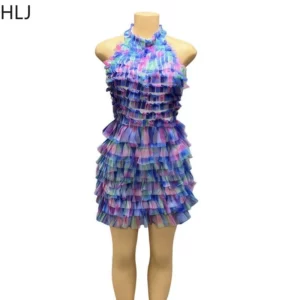 HLJ Sexy Mesh Ruched Patchwork Bodycon Dresses Women Cake Gradient Halter Backless Dress Female Streetwear Vestidos Summer New - Image 5