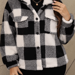 GIBSIE Plus Size Plaid Single-breasted Lapel Jacket Women 2024 Autumn Winter Retro Thicken Plush Female Casual Short Outerwear - Image 3