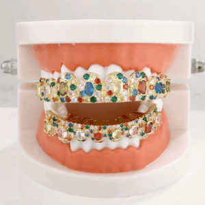 JINAO Hip Hop Full Iced Out 8 Teeth round Colourful Set Grillz Men Women Top&Bottom Grill Punk Rapper Halloween FLame Cosplay - Image 4