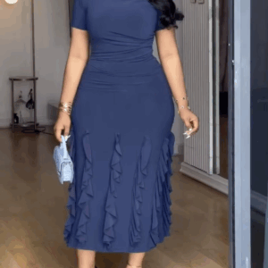 Short Sleeve Midi Dress for Women with Folds and Layered Ruffle Hem Perfect for Dinner Dates Evening Party or Semi Formal Events - Image 2