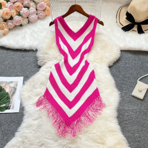 YuooMuoo Chic Fashion Sexy Wrap Hips Stripes Tassel Mini Dress 2025 Summer Elegant V-neck Knitted Bodycon Party Dress Streetwear - Image 6