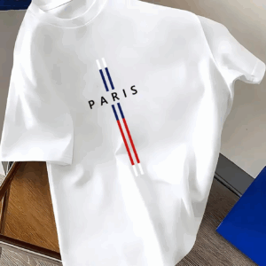 Summer Men 100% cotton fashion casual loose fit plus size Paris letter print round neck short sleeve T-shirt top - Image 6