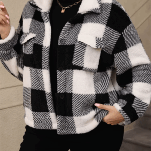 GIBSIE Plus Size Plaid Single-breasted Lapel Jacket Women 2024 Autumn Winter Retro Thicken Plush Female Casual Short Outerwear - Image 4