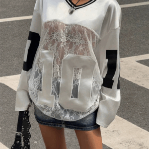 WLWXR Europe and America Sexy Letter Print Lace Spliced Transparent V Neck T shirts club outfits for women 2025 - Image 3