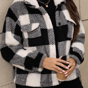 GIBSIE Plus Size Plaid Single-breasted Lapel Jacket Women 2024 Autumn Winter Retro Thicken Plush Female Casual Short Outerwear - Image 2