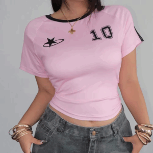 Women's Plus Size Street Retro American Sports Jersey Design Slim Fit Round Neck Ribbed T-Shirt Regular T-Shirt - Image 4
