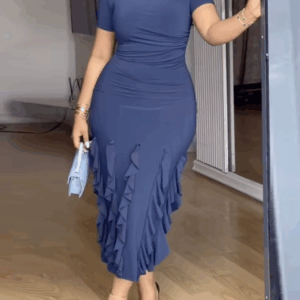 Short Sleeve Midi Dress for Women with Folds and Layered Ruffle Hem Perfect for Dinner Dates Evening Party or Semi Formal Events - Image 3