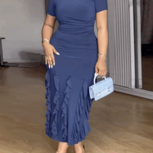Short Sleeve Midi Dress for Women with Folds and Layered Ruffle Hem Perfect for Dinner Dates Evening Party or Semi Formal Events - Image 5
