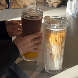 600ML Stripe Glass Cup With Lid and Straw Thickened Transparent Coffee Cup Drinking Glasses For Milk Tea Juice Iced Coffee Mugs - Image 2