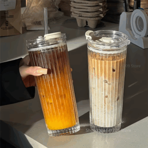 600ML Stripe Glass Cup With Lid and Straw Thickened Transparent Coffee Cup Drinking Glasses For Milk Tea Juice Iced Coffee Mugs - Image 3