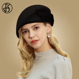 FS Vintage Wool French Beret Hats Women Fedora Black Felt Hats Winter Big Bow Elegant Ladies Church Hat Wedding Berret Femme - Image 2