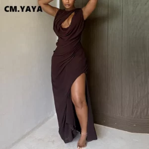 CM.YAYA Women Sleeveless Cutout Front Pile High Side Split Maxi Long Slim Dress Summer Club Sexy Night Party Dresses Vestidos - Image 4