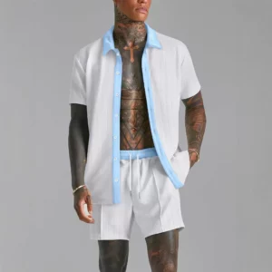 Summer Men's casual suit patchwork transparent lapel short-sleeved shirt & Shorts Stylish and comfortable two-piece streetwear - Image 4