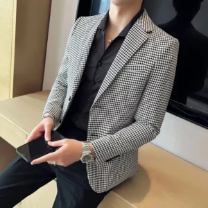 British Style Men's Fashionable Single Breasted Suit Jacket Blazer Casual Checkered Tailcoat Suit Men's Business Slim Fit Jacket - Image 4