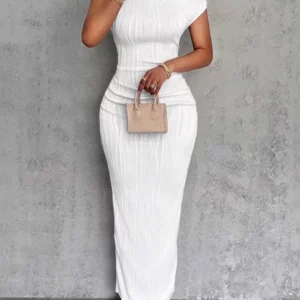 Fashion Water Ripple Slanted Shoulder Dress Women's Elegant And Simple Solid Color A-line Collar Mid-waist Sexy Hip Wrap Skirt - Image 3