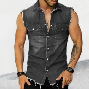 2024 Spring/Summer New Men's Denim T-shirt With Lapel, Sleeveless Cardigan, Single Breasted Top Pocket, Blue Distressed, Washed, - Image 3